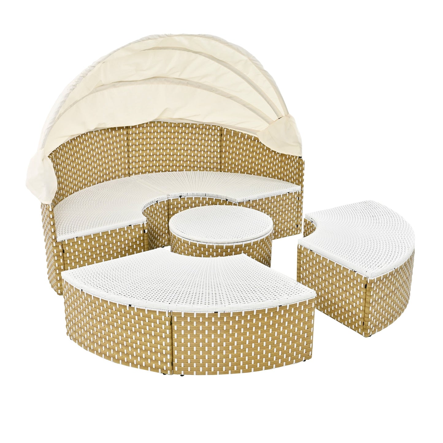 Patio Furniture Round Outdoor Sectional Sofa Set Rattan Daybed Two-Tone Weave Sunbed With Retractable Canopy