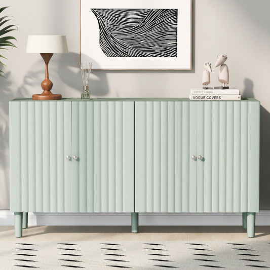 Elegant Four-Door Sideboard With Wavy Pattern Doors, Cylindrical Legs, and Sleek Metal Handles, Adjustable