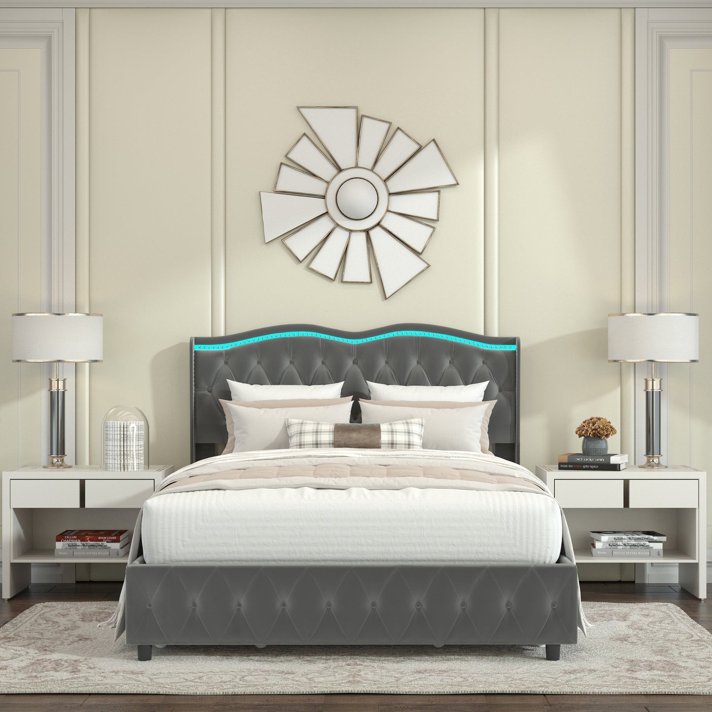 Queen Platform Bed Frame , Velvet Upholstered Bed With Deep Tufted Buttons and Nailhead Trim, Adjustable Colorful LED