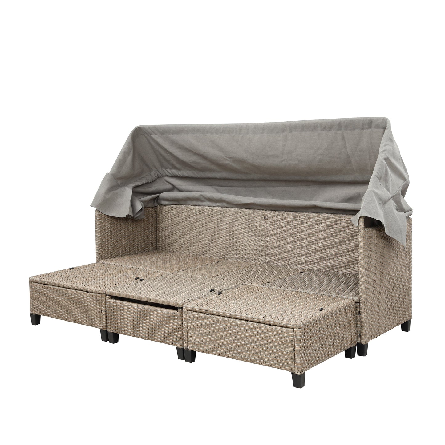 4 Piece UV-Proof Resin Wicker Patio Sofa Set With Retractable Canopy, Cushions and Lifting Table,Brown