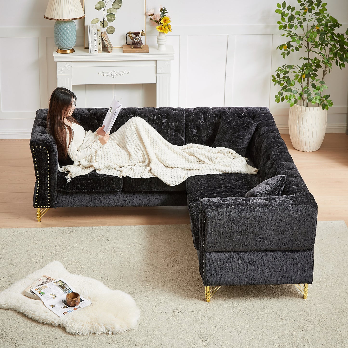 81.5-Inch Chenille Corner Sofa , L-Shaped Sectional Couch, 5-Seater Corner Sofas With 3 Cushions for Living Room, Bedroom
