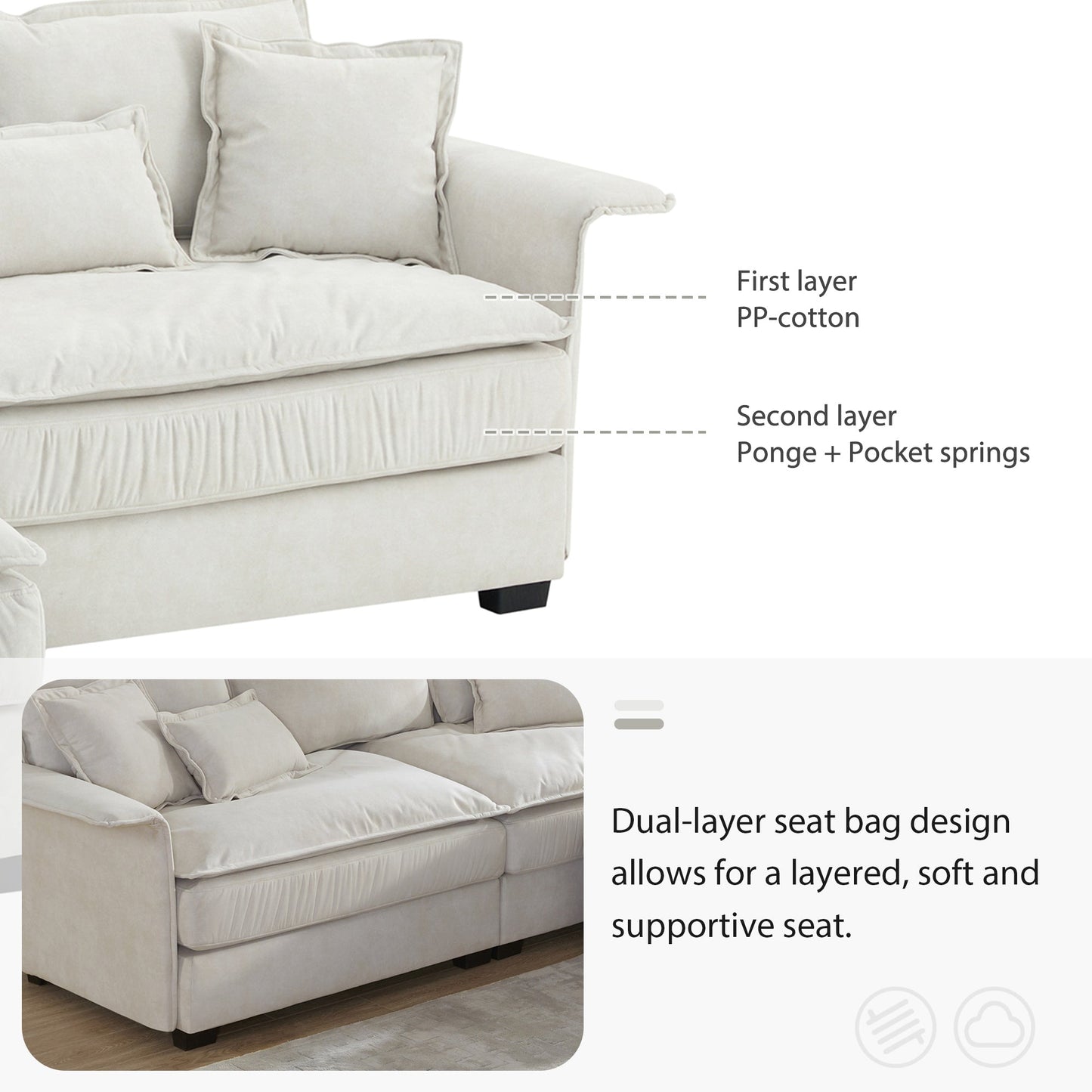95*66"Oversized Luxury Sectional Sofa With Bentwood Armrests,4 Seat Upholstered Indoor Furniture With Double Cushions