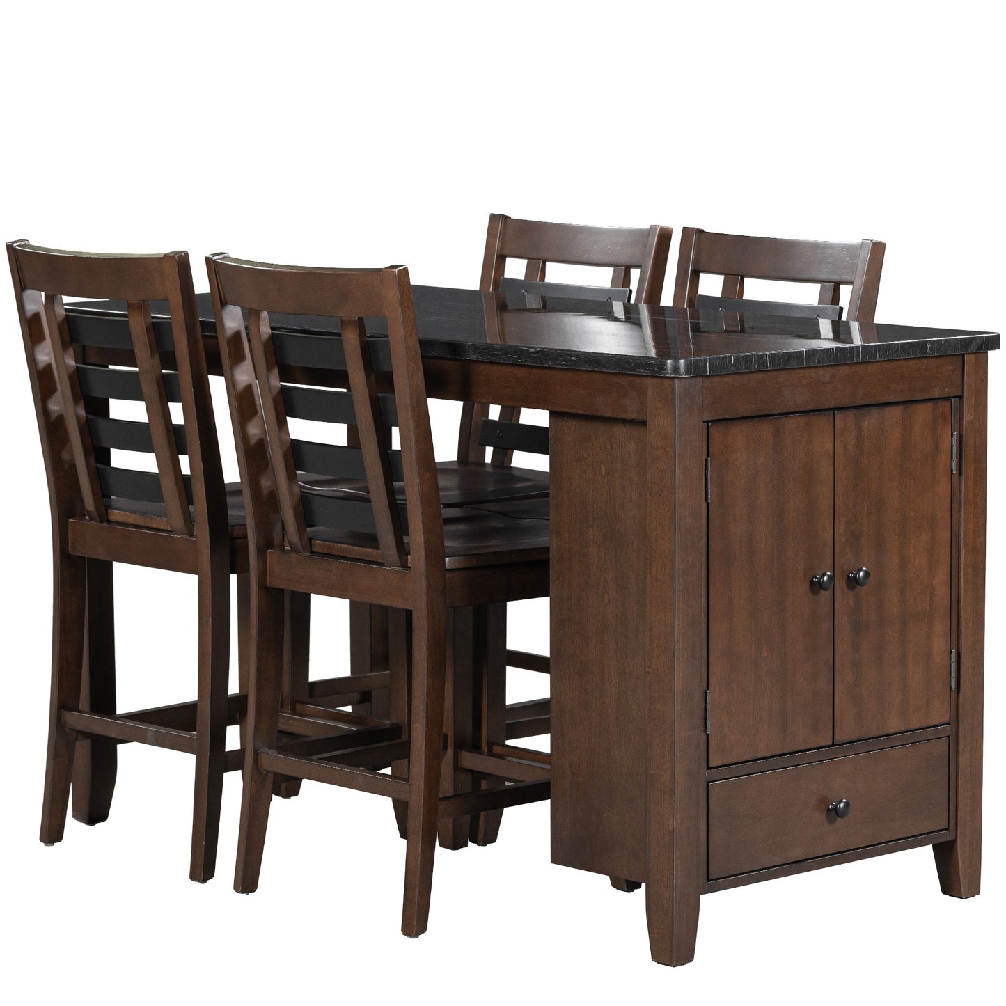 Counter Height 5-Piece Dining Table Set With Faux Marble Tabletop, Solid Wood Table Set With Storage Cabinet and Drawer