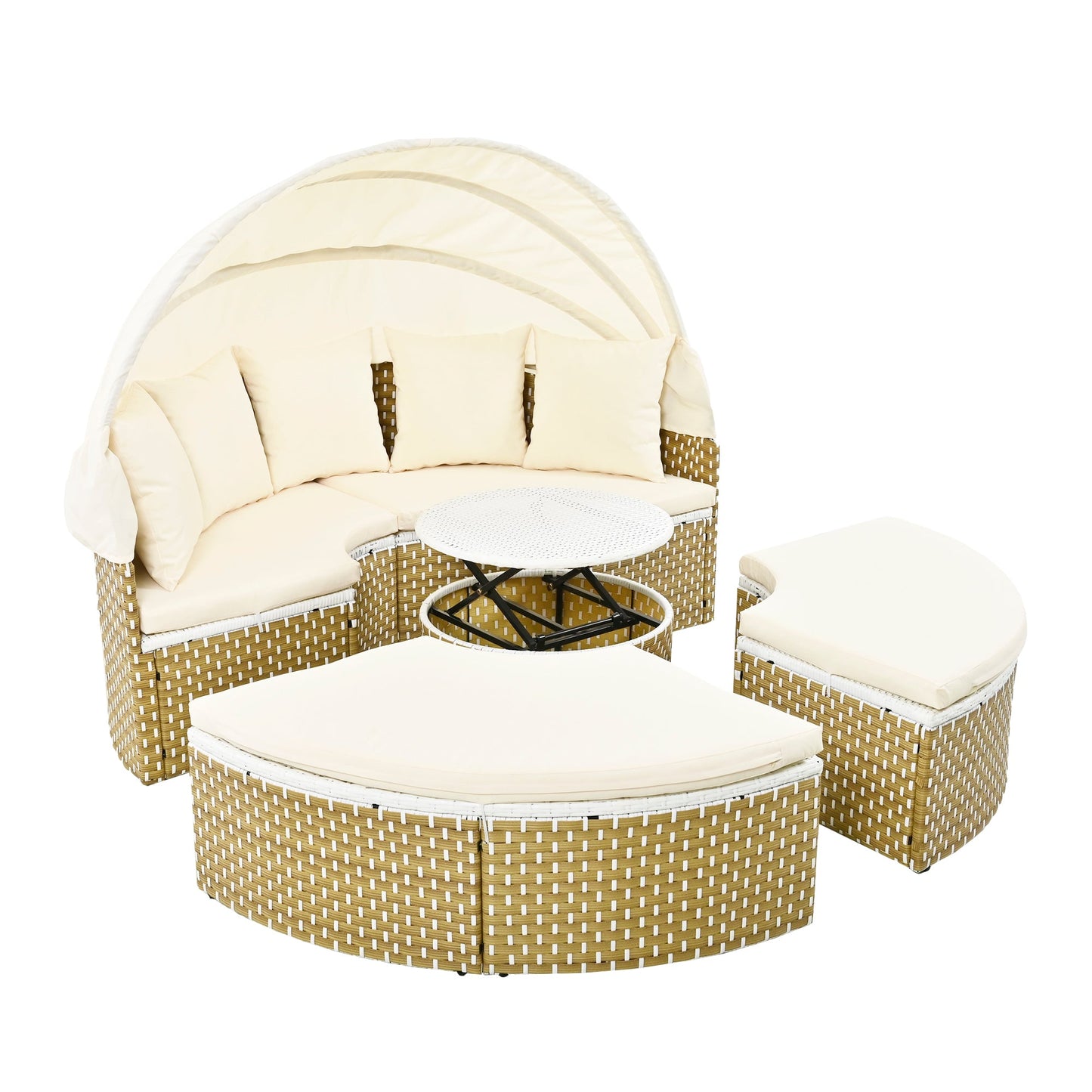 Patio Furniture Round Outdoor Sectional Sofa Set Rattan Daybed Two-Tone Weave Sunbed With Retractable Canopy