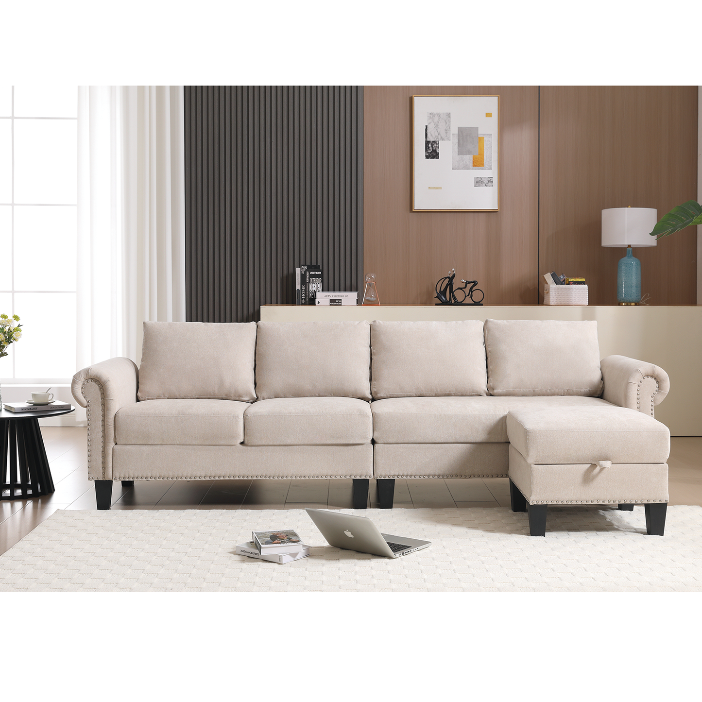 Convertible Sectional Sofa With Storage,L-Shaped Sofa,Four-Seater Sofa,Modern Linen Fabric Sectional Couches for Living
