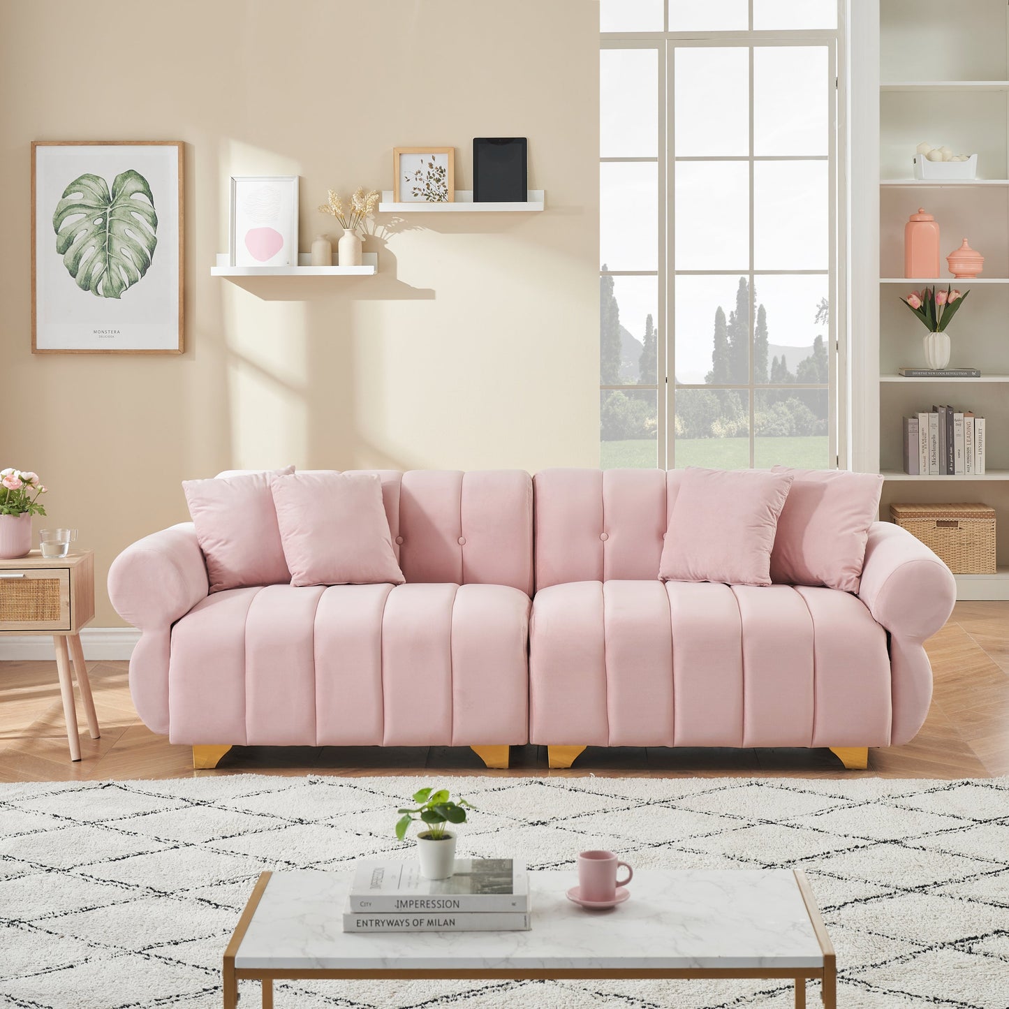 89-Inch Spring-Wrapped Cushions, 3 Flannelette Sofas, Stylish Metal Feet and 4 Throw Pillows Make for a Modern Living Room