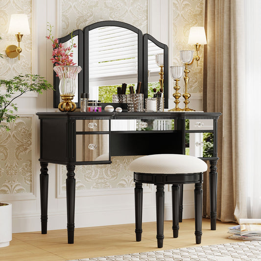 43" Dressing Table Set With Mirrored Drawers and Stool, Tri-Fold Mirror, Makeup Vanity Set for Bedroom, Black