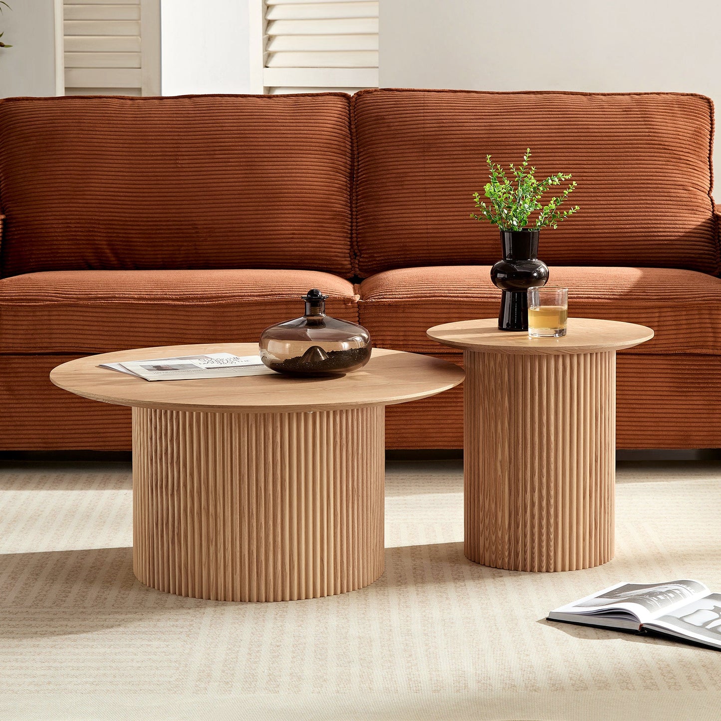 17.71 Inch Round Fluted Side Table Circle Small Accent Table for Living Room Mid Century  Circle Bedside Table for Bedroom