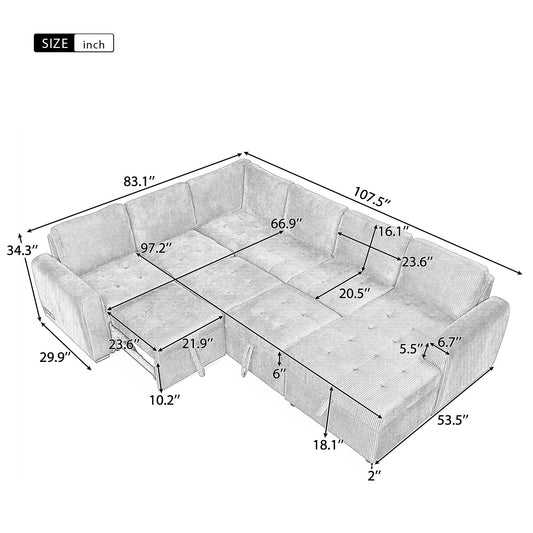 107.5" U-Shaped Sofa Sectional Sofa Pull-Out Sofa Bed With a Storage Chaise Lounge, Charging Devices for Living Room