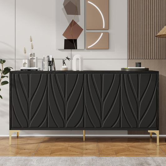 Sideboard Buffet Cabinet Handleless Press-To-Open Design,Carved Credenza Storage Cabinet With 4 Doors,Living Room