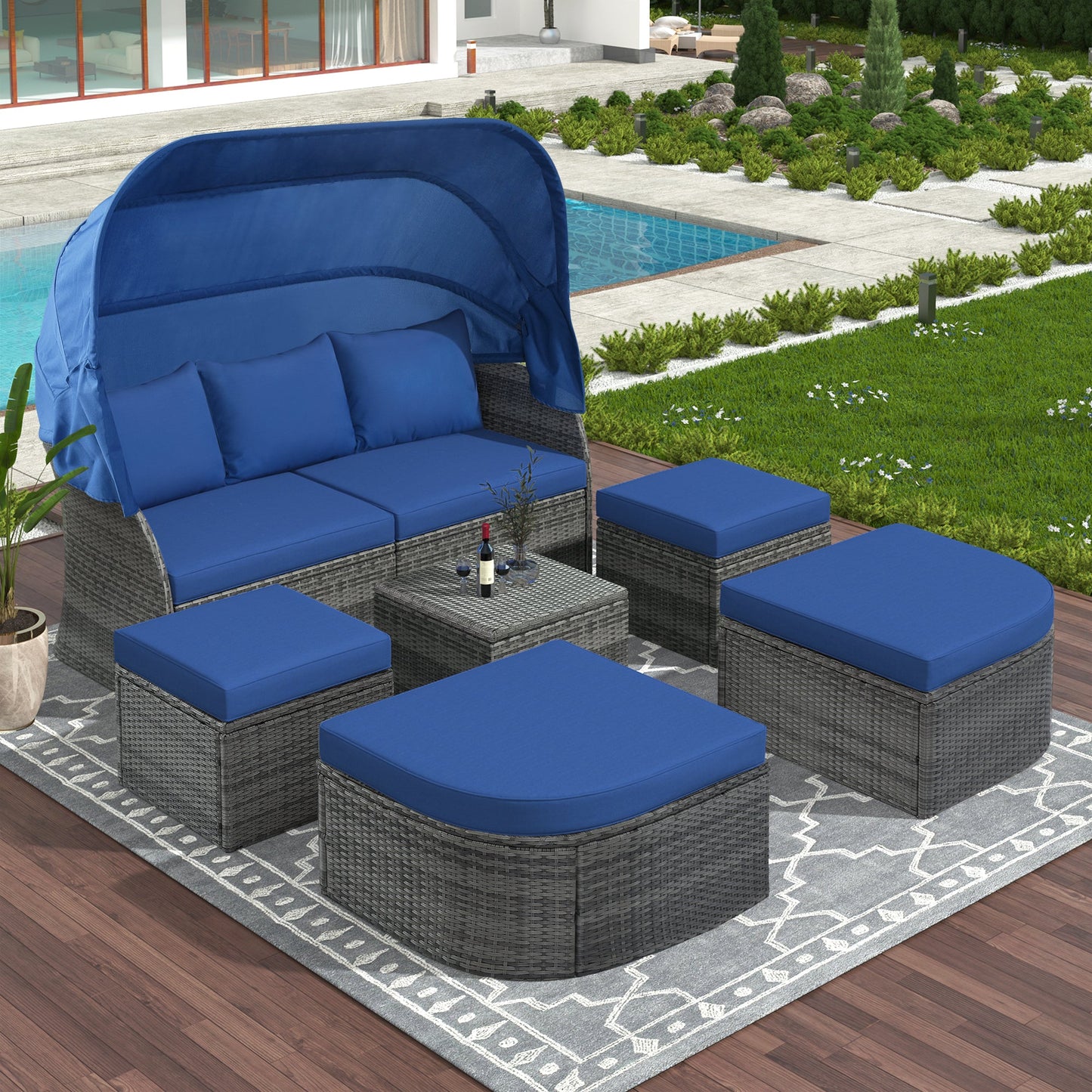 Outdoor Patio Furniture Set Daybed Sunbed With Retractable Canopy Conversation Set Wicker Furniture
