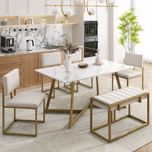 Modern Faux Marble 6-Piece Dining Table Set,60inch Metal Kitchen Table Set With Upholstered Dining Chairs and Bench