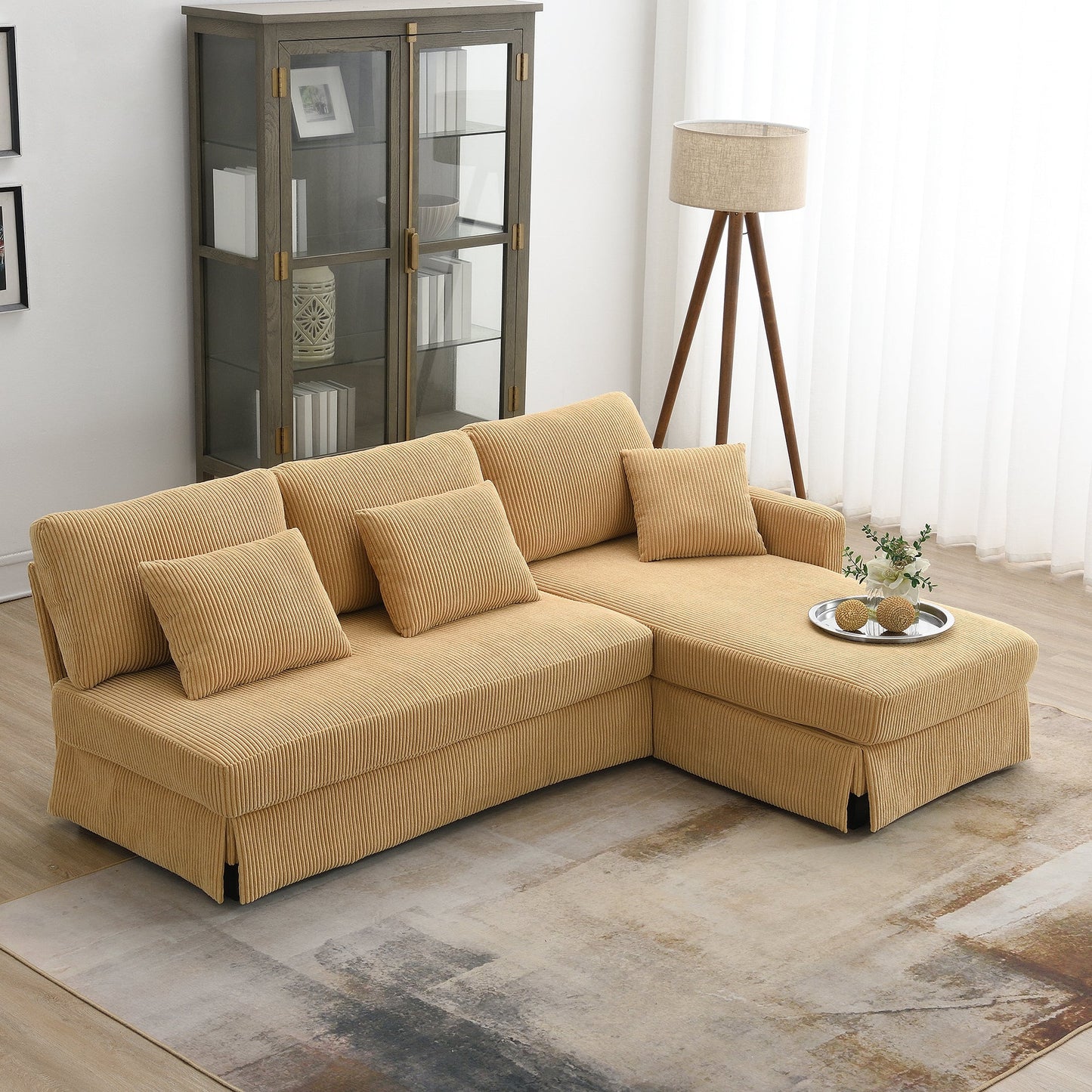 87*61"Modern L-Shaped Corduroy Sofa With Reversible Chaise,4-Seat Upholstered Sectional Indoor Furniture,Convertible
