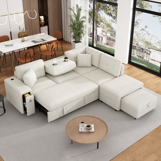 86.6" Sectional Sofa L-Shaped Sofa Couch Pull-Out Sofa Bed With a Movable Ottoman, Two USB Ports  and Two Cup Holders