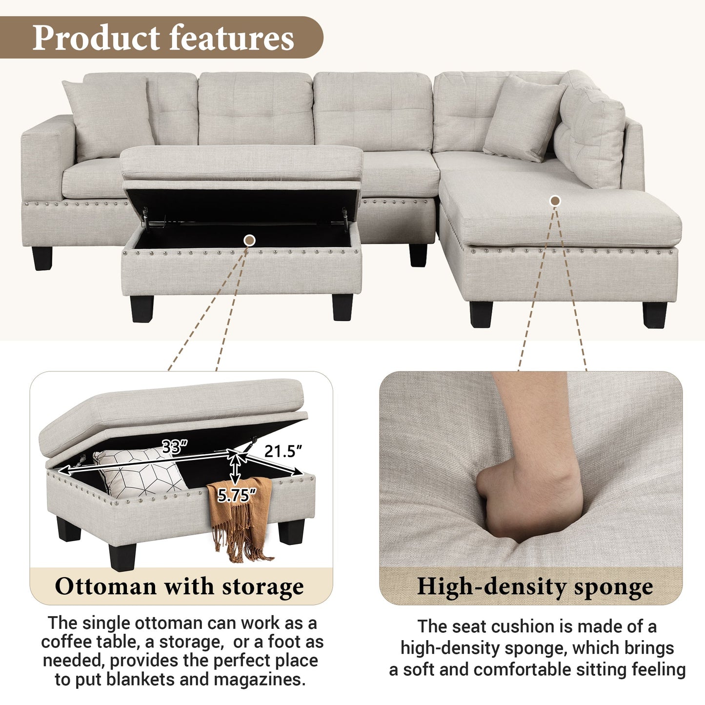 104.5" Modern Sectional Sofa With Storage Ottoman, L-Shape Couch With 2 Pillows and Cup Holder,Sectional Sofa