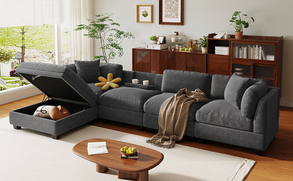 Upholstered Modular Sofa With Removable Storage Ottoman, 2 Hidden Cup Holders, Sectional Sofa for Living Room Apartment