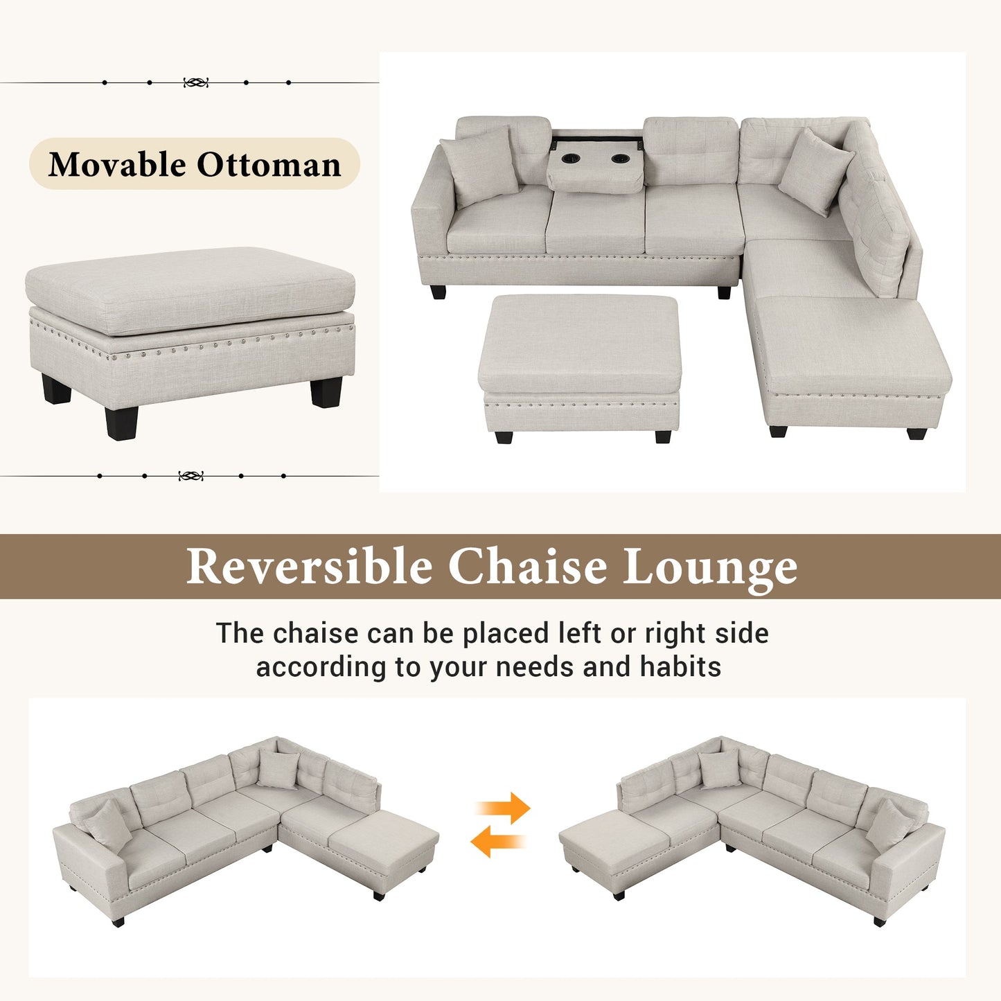 104.5" Modern Sectional Sofa With Storage Ottoman, L-Shape Couch With 2 Pillows and Cup Holder,Sectional Sofa