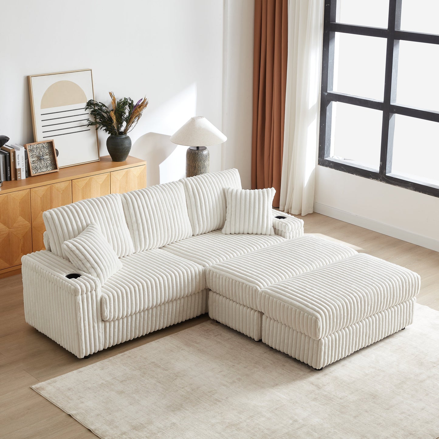 84Inch Corduroy 3-Seater Sofa With 3 Back Pillows ,2 Toss Pillows , a Ottoman ,2storage Spaces and Cup-Holding Grooves