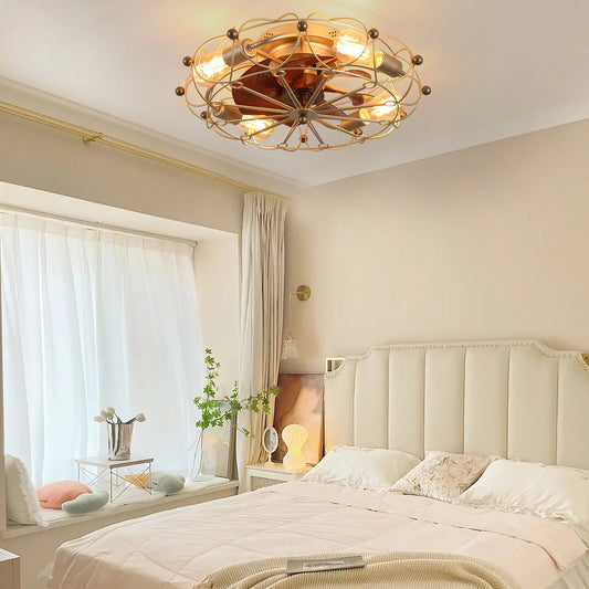 Low Profile Caged Ceiling Fan With Lights Remote Control, Embedded Modern Industrial Ceiling Fan