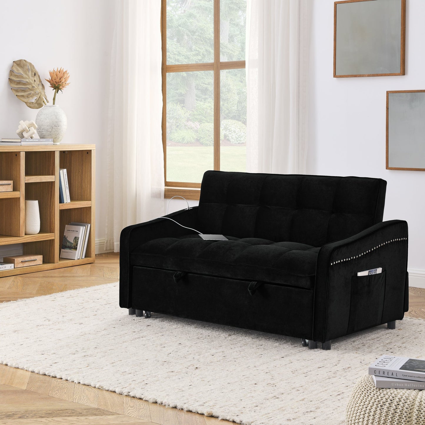 Loveseats Sofa Bed With Pull-Out Bed,Adjsutable Back and Two Arm Pocket,TypeC and USB Charging With Copper Nail,Black