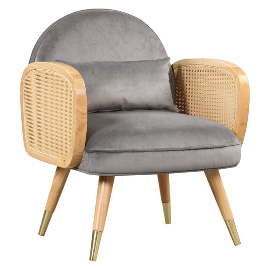 Amchair With Rattan Armrest and Metal Legs Upholstered Mid Century Modern Chairs for Living Room or Reading Room, Grey