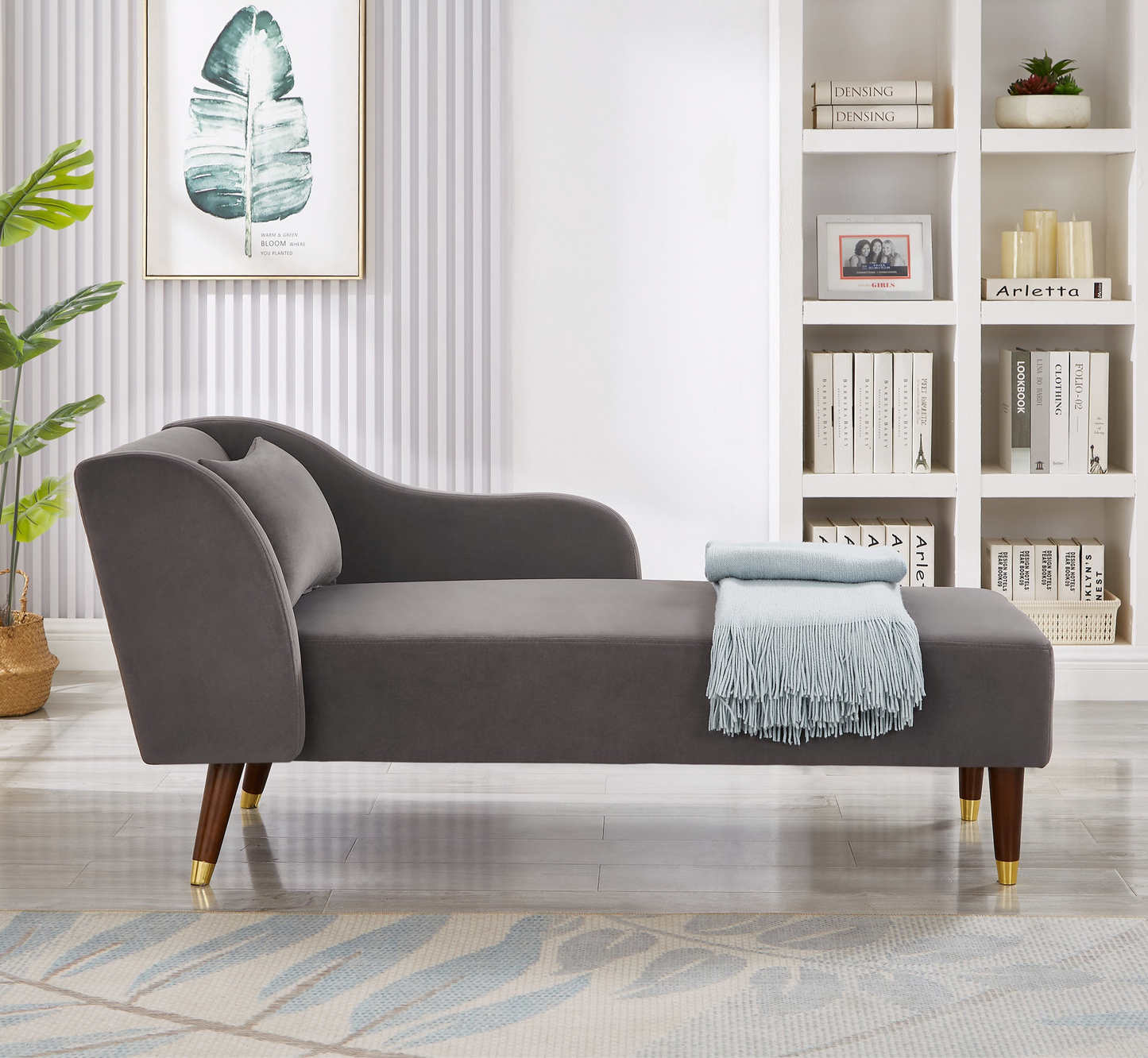 Modern Chaise Lounge Chair Velvet Upholstery (Grey)