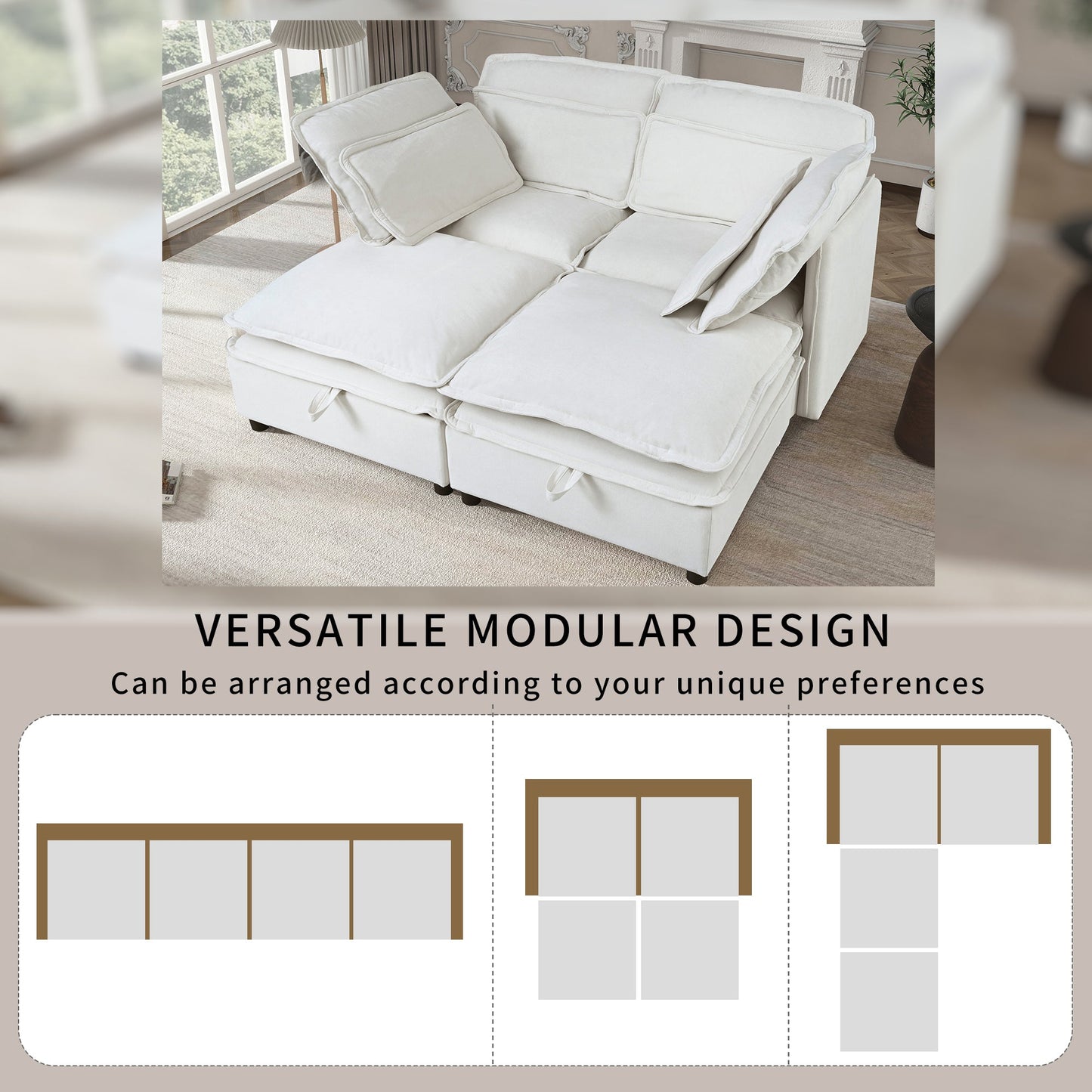 Double-Layer Cushion Modular Sofa, Freely Combinable, 4-Seater With Storage Function, Includes 4 Soft Cushions, Perfect