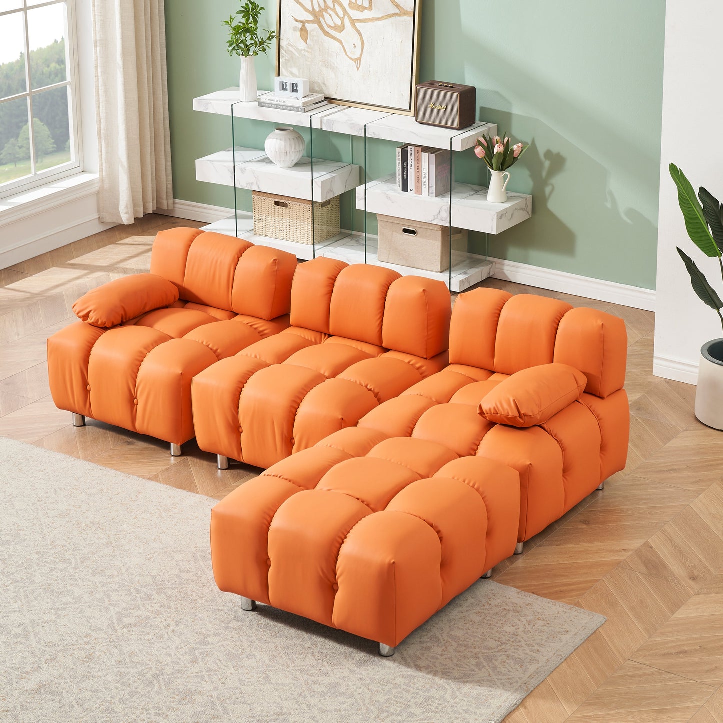 A 90.60-Inch Technology Cloth Orange Sofa, Waterproof, Stain and Cat Scratch Resistant, Can Comfortably Sit