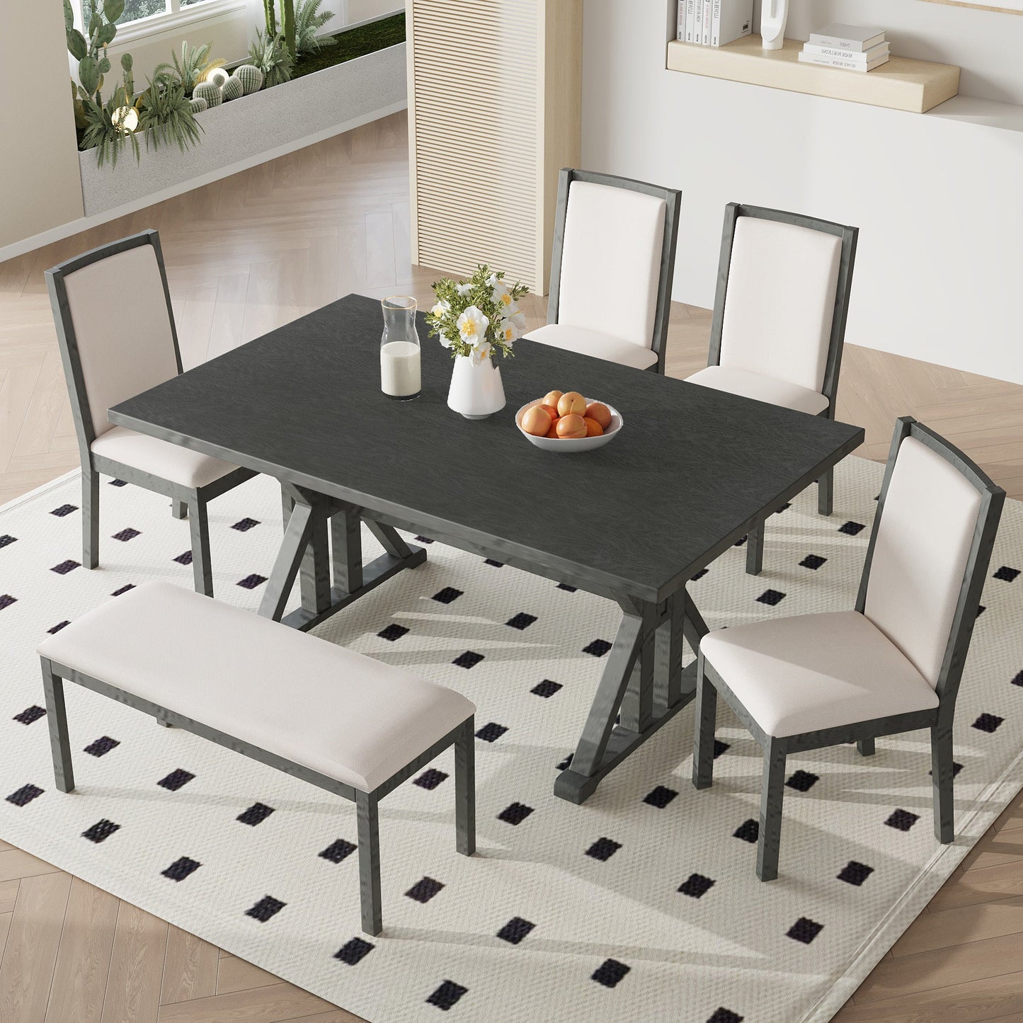 Farmhouse Classical 6-Piece Dining Table Set With Trestle Legs,Kitchen Table Set for 6 With 4 Upholstered Dining Chairs