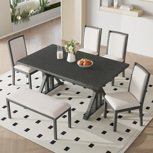 Farmhouse Classical 6-Piece Dining Table Set With Trestle Legs,Kitchen Table Set for 6 With 4 Upholstered Dining Chairs
