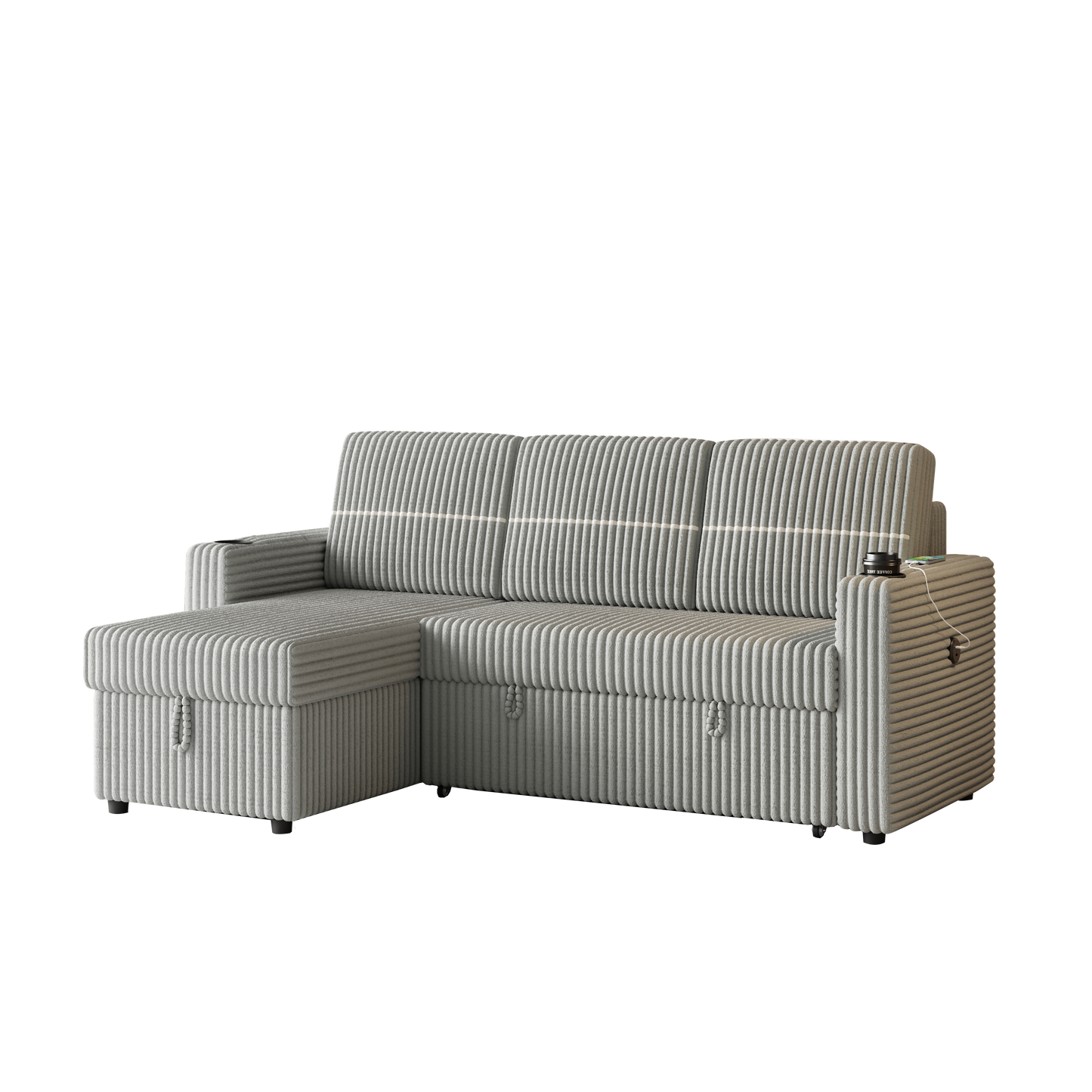 85 Inches Corduroy Sofa Bed, 3 Seater Sleeper Sofa With Storage Chaise, Square Handrail With Two Cup-Holder and USB Charger