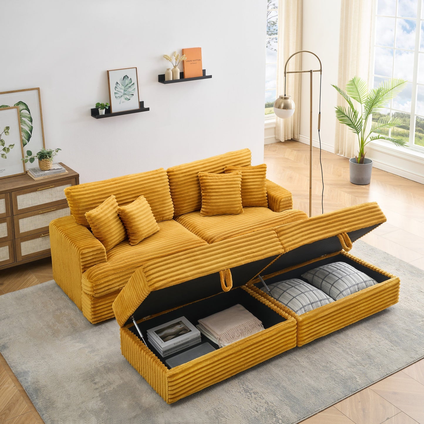 82 Inches Orange Corduroy Sofa, Two Storage Feet +4 Throw Pillows, Create a Living Room, Office Fashion New Darling