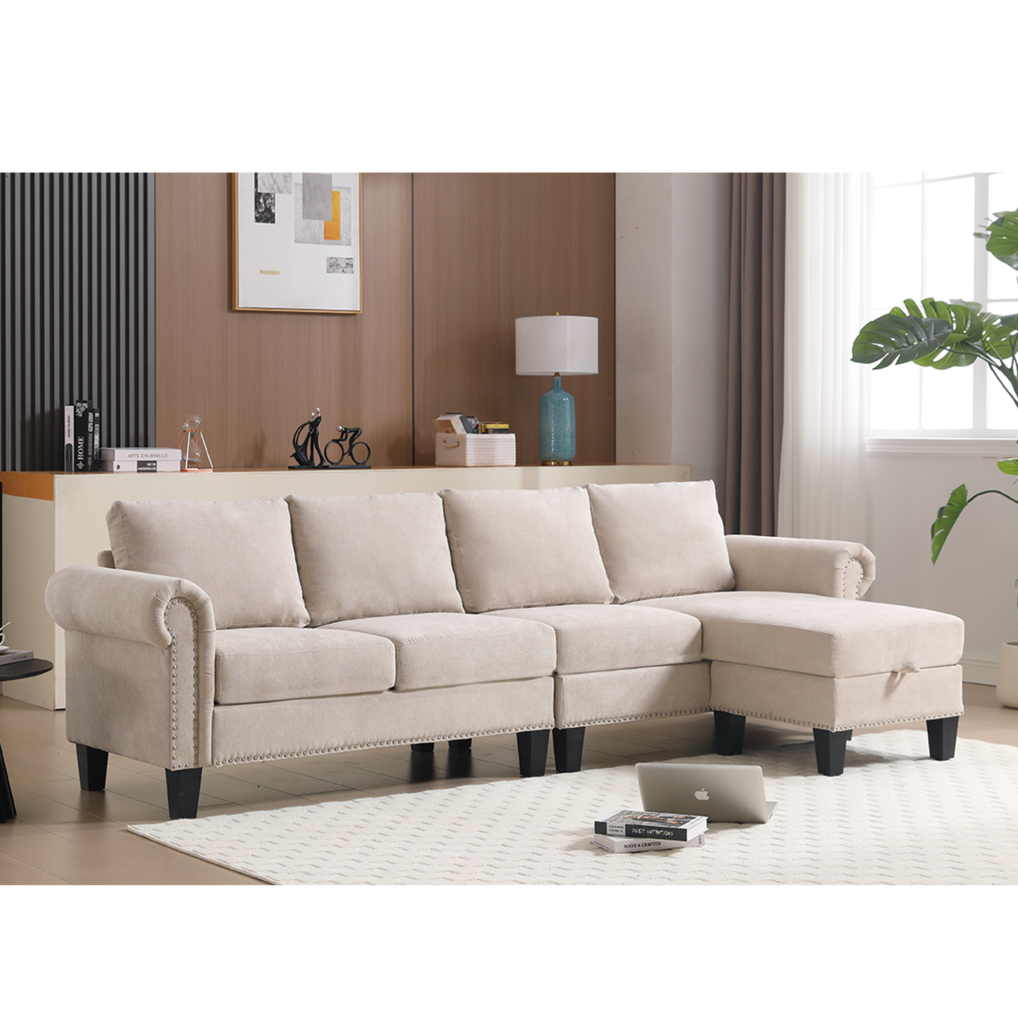 Convertible Sectional Sofa With Storage,L-Shaped Sofa,Four-Seater Sofa,Modern Linen Fabric Sectional Couches for Living