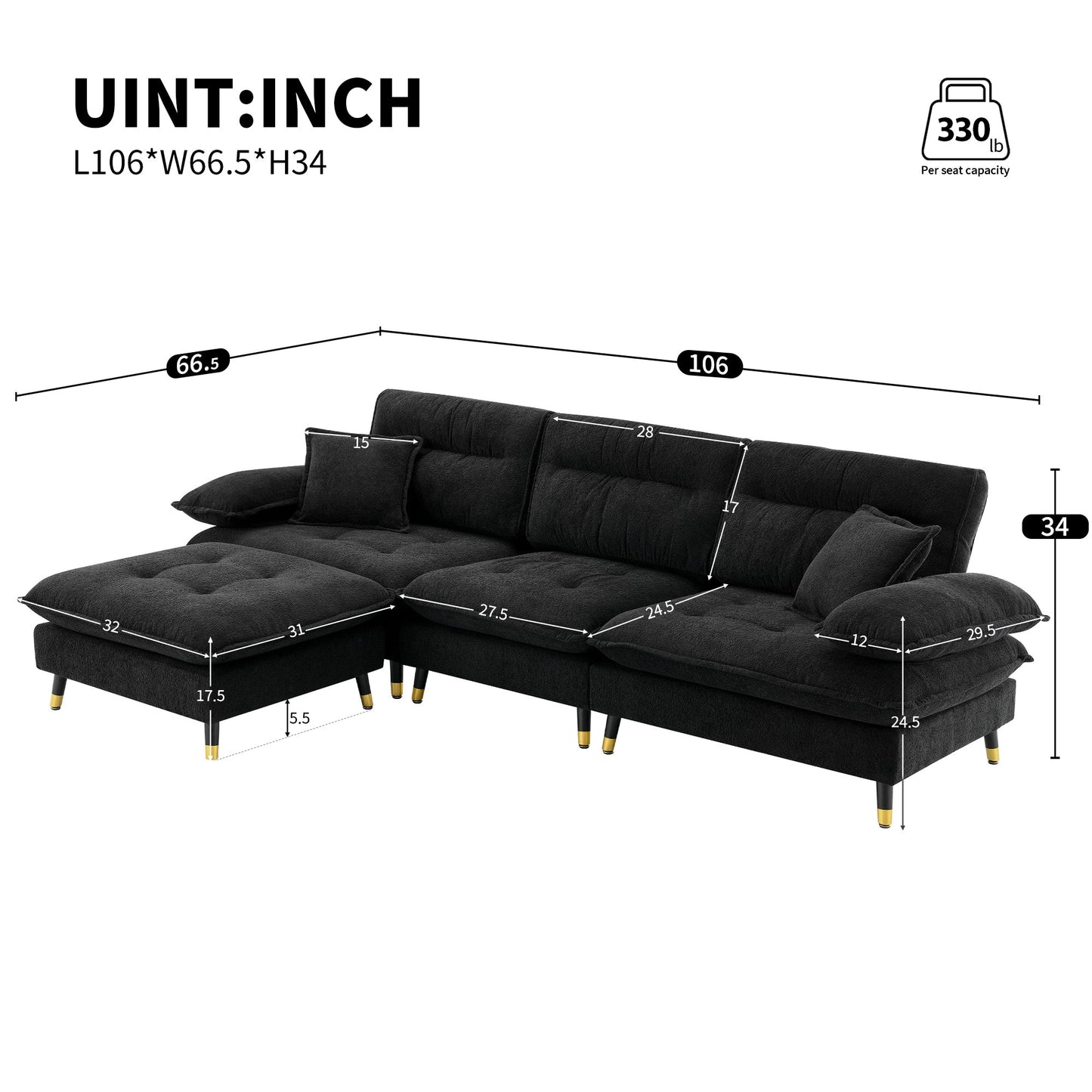 106*66.5" L Shaped Convertible Sectional Sofa,4 Seat Tufted Couch Set With Two-Tone Adjust Legs,Cloud Chenille Fabric