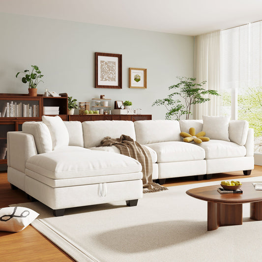 Upholstered Modular Sofa With Removable Storage Ottoman, 2 Hidden Cup Holders, Sectional Sofa for Living Room Apartment