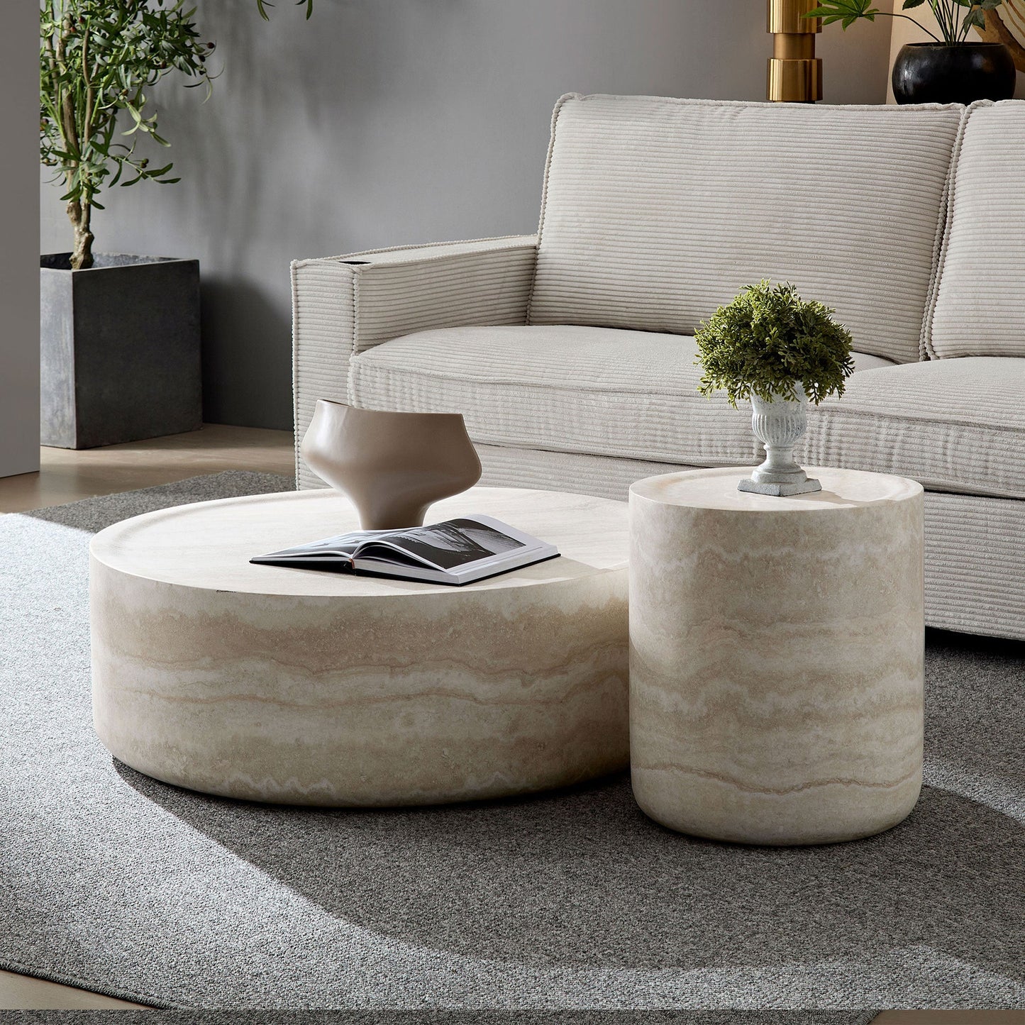 Set of 2 Faux MARS Pattern Coffee Tables Side Table Round Tea Faux Travertine Textured Table for Living Room