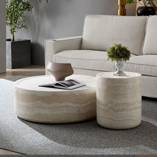 Set of 2 Faux MARS Pattern Coffee Tables Side Table Round Tea Faux Travertine Textured Table for Living Room