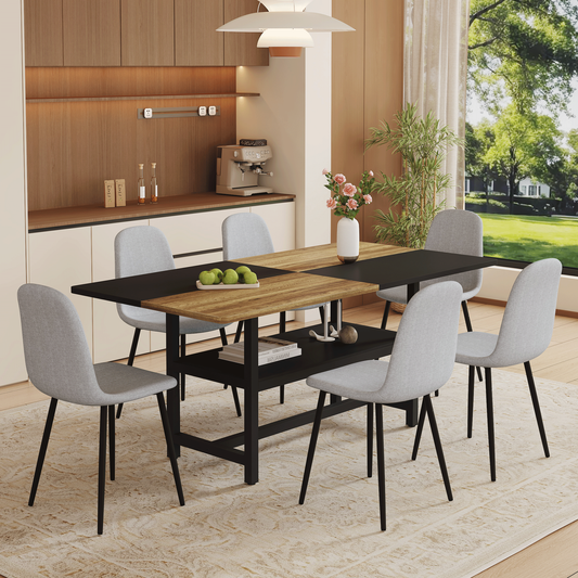 Table and Chair Set Wooden and Black Spliced Dining Table With Storage Function in the Middle of the Table
