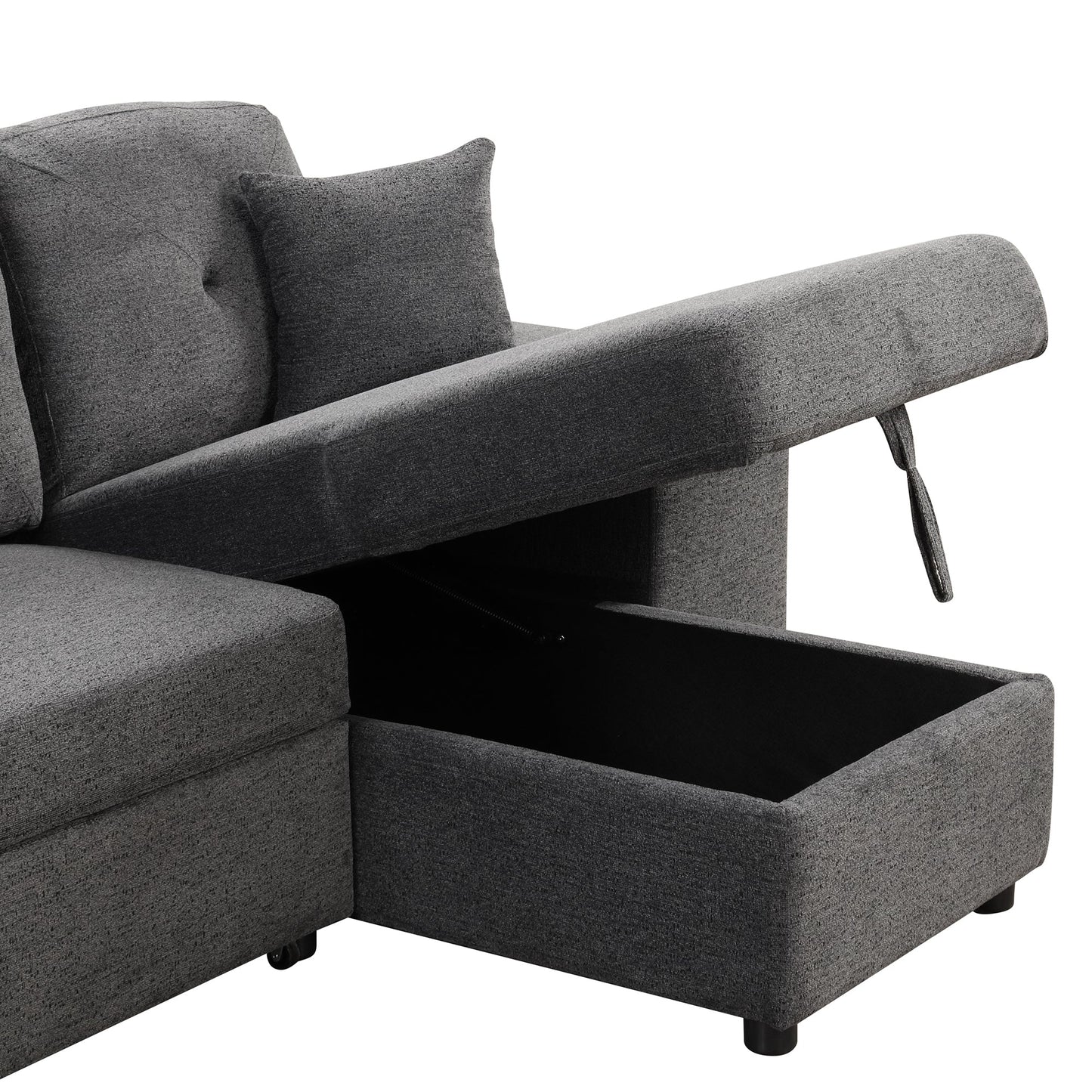 Reversible Sleeper Sectional Sofa Bed With Side Shelf and 2 Stools