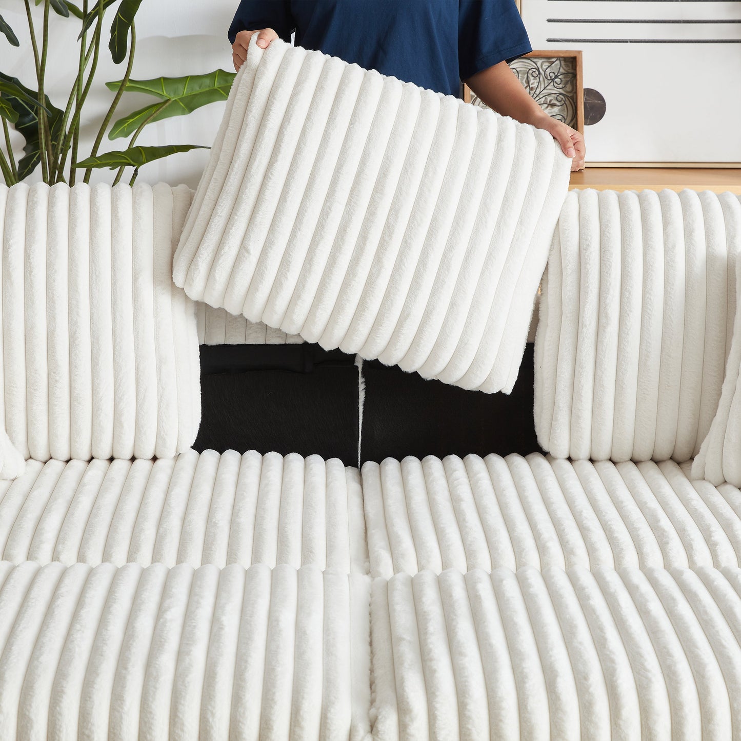84Inch Corduroy 3-Seater Sofa With 3 Back Pillows ,2 Toss Pillows , a Ottoman ,2storage Spaces and Cup-Holding Grooves