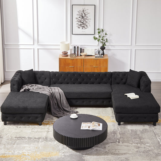 126-Inch Modern Style Chenille Three Piece Sofa, Pull Point Design U-Shaped Sofa Two Chaise Longue Seats, Two Pillows