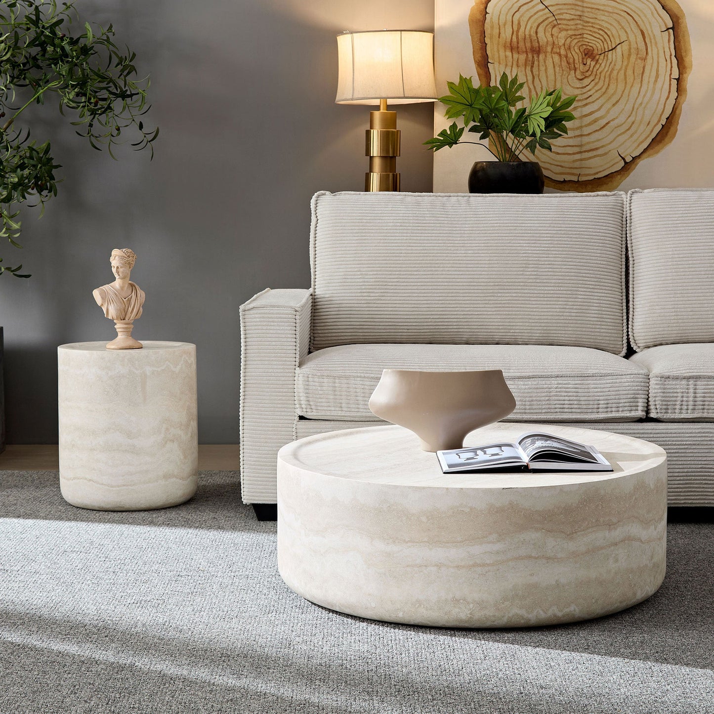 Set of 2 Faux MARS Pattern Coffee Tables Side Table Round Tea Faux Travertine Textured Table for Living Room
