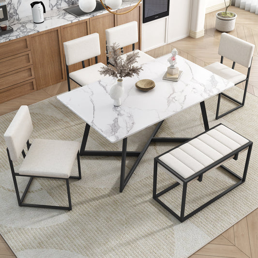 Modern Faux Marble 6-Piece Dining Table Set,60inch Metal Kitchen Table Set With Upholstered Dining Chairs and Bench