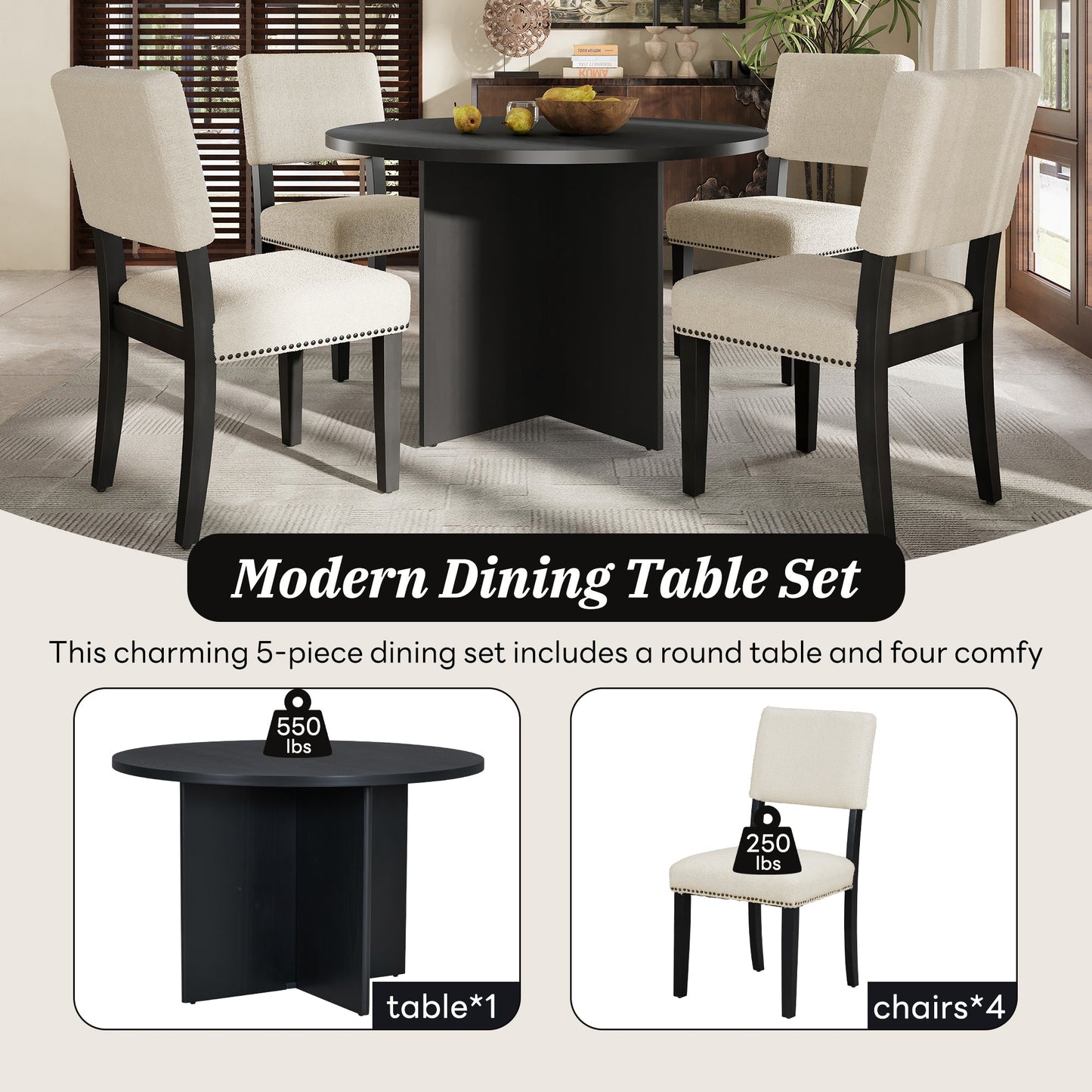 Modern 5-Piece Round Dining Table Set Pedestal Kitchen Table Set With 4 Upholstered Dining Chairs
