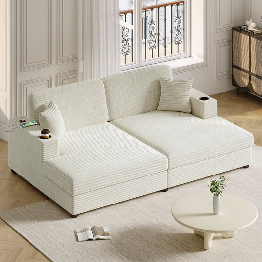 86.5" Oversized Loveseat Chaise Lounge Sectional Sofa Bed Corduroy Sleeper Sofa With Two USB Ports , Two Cup Holders