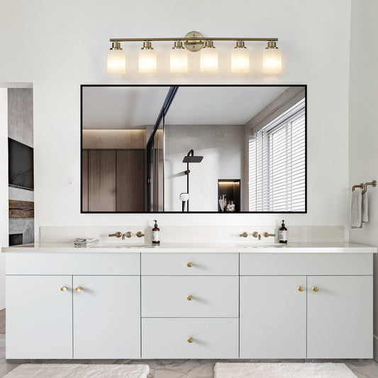 6-Light Golden Bathroom Vanity Light Fixture, Frosted Glass Shades, Modern Wall Mounted Lighting (No Bulbs)
