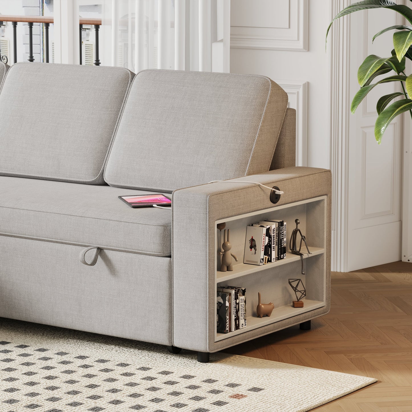 85.8" Pull Out Sleeper Sofa L-Shaped Couch Convertible Sofa Bed With Storage Chaise and Storage Racks,With USB Port
