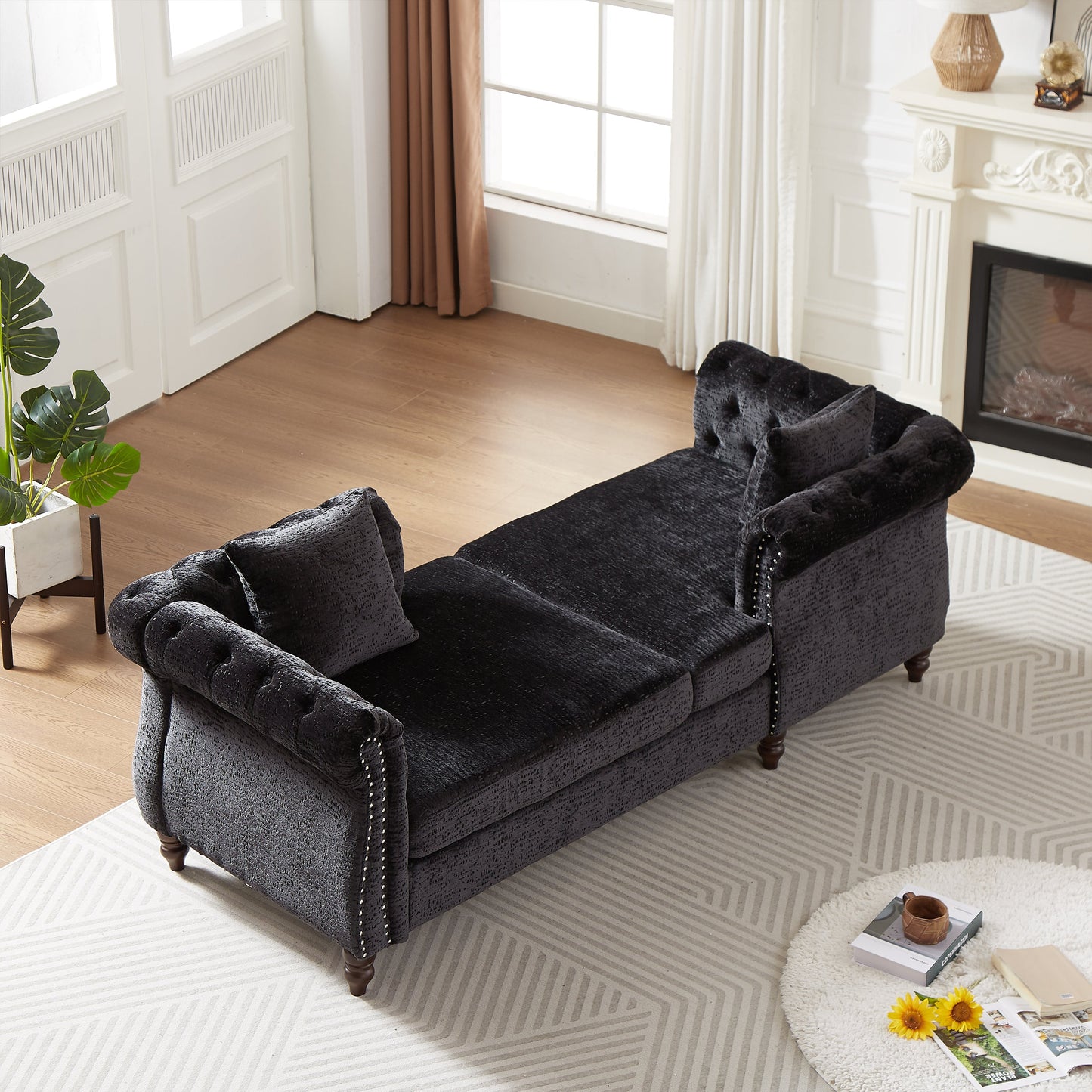 81-Inch Chenille Face-To-Face Chaise Lounge With Two Pillows,Nailhead Trim,Button Tufted Design