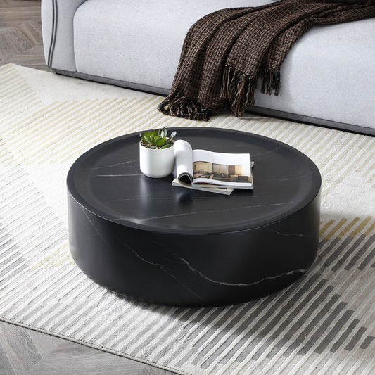 35.43'' Black Marble Round Coffee Table,Simple Modern Center Cocktail Table  for Living Room Office,No Need Assembly