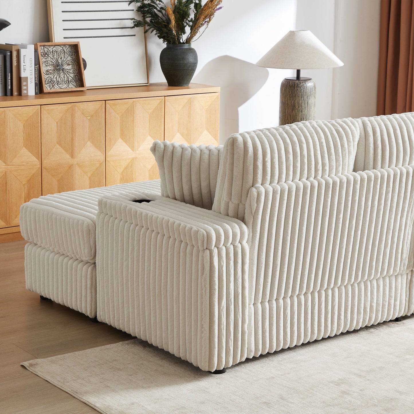 84Inch Corduroy 3-Seater Sofa With 3 Back Pillows ,2 Toss Pillows , a Ottoman ,2storage Spaces and Cup-Holding Grooves